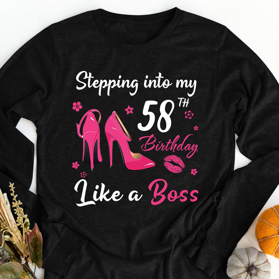Stepping into my 58th Birthday Like a Boss, 58th birthday unique gifts for woman, 58th birthday ideas, Turning 58 years old cotton shirt