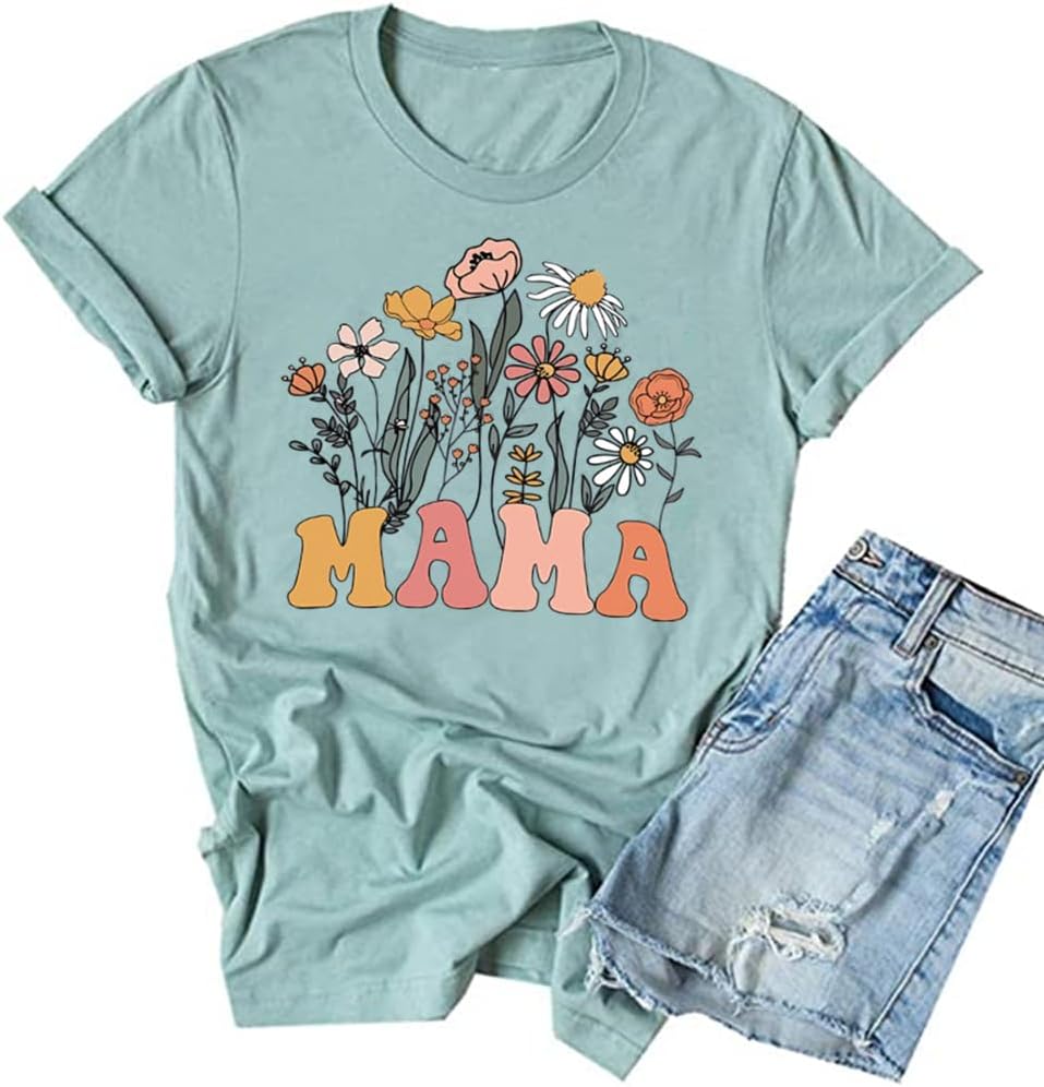 Mama Shirts for Women Retro Floral Mama Letter Printed Mother's Day Shirt Graphic Tshirt Mom Casual Tee Tops