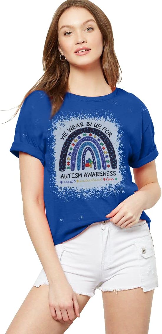 Autism Awareness Shirt Women Autism T-Shirt Autism Acceptance Tops in April Blue Autism Rainbow Tee Autism Mom Clothes
