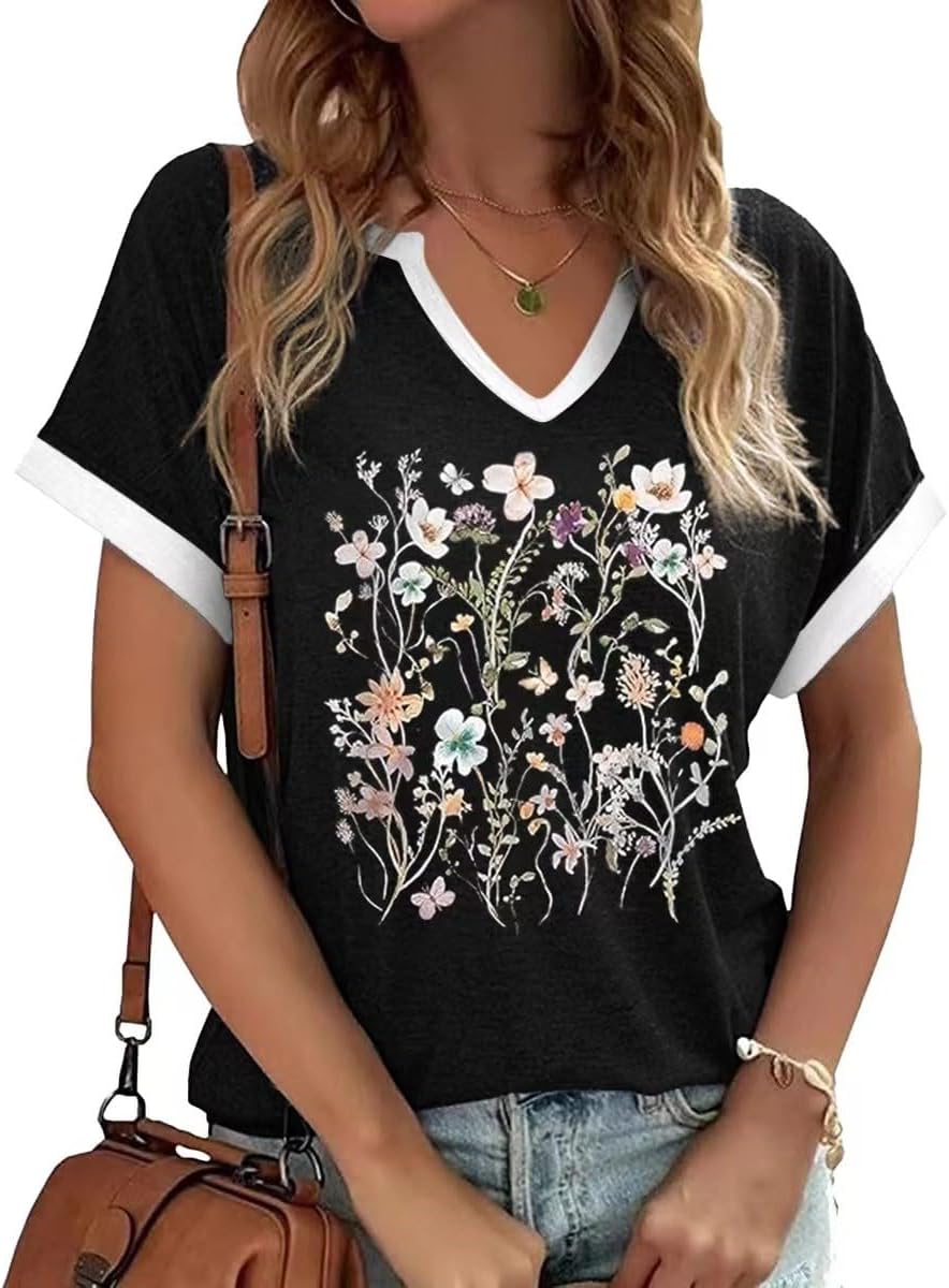 Women's Vintage Flowers Shirt Casual Boho Floral Printed T-Shirt Sunflower Wildflowers Graphic Tees Tops for Girl