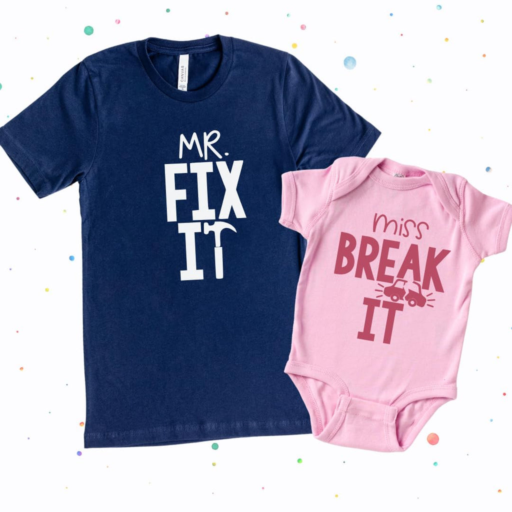 Mr Break It Mr Fix It Funny Dad Son Matching Father's Day T-Shirt, Dad and Baby Matching Outfits, Father Son Matching, Twin Dad, Daddy Daughter Matching Shirts, Birthday Gift for Dad, New Dad Gifts.
