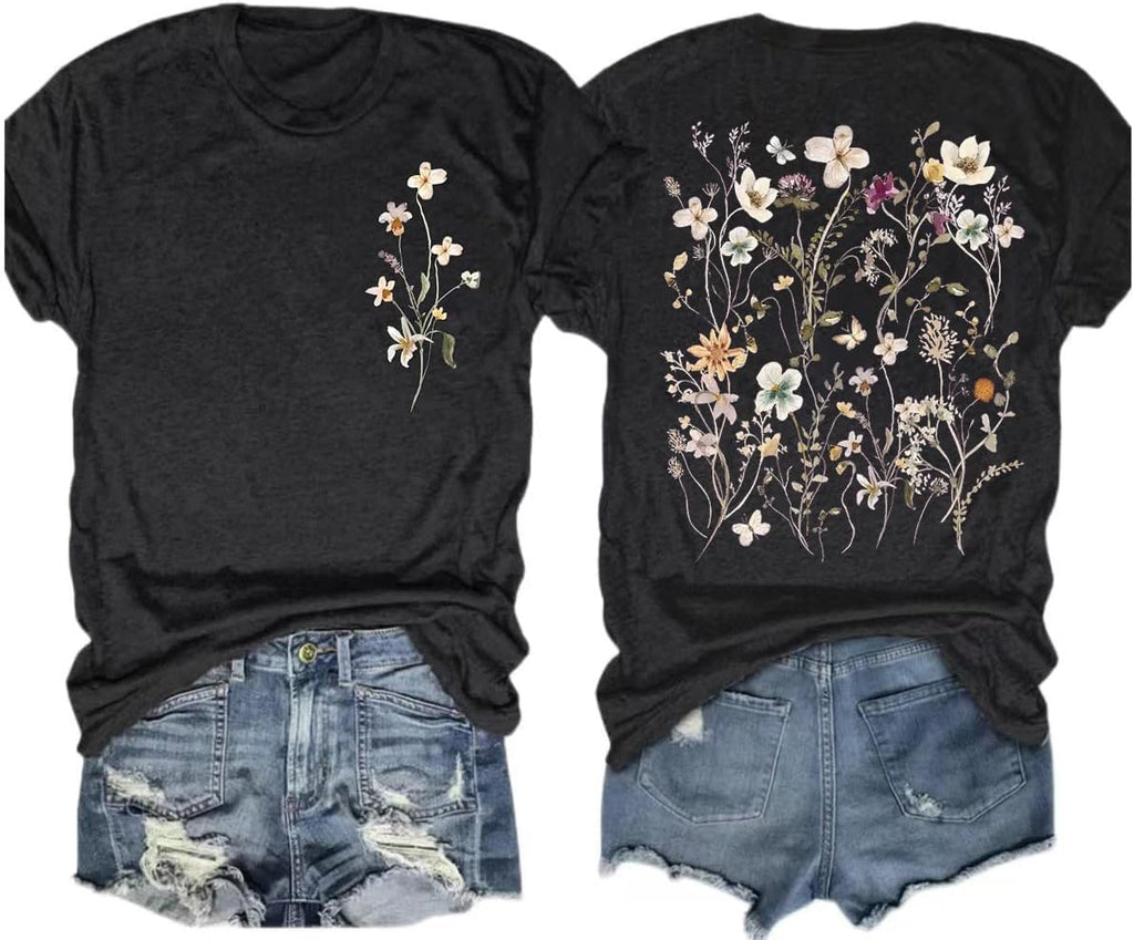 Women's Vintage Flowers Shirt Casual Boho Floral Printed T-Shirt Sunflower Wildflowers Graphic Tees Tops for Girl