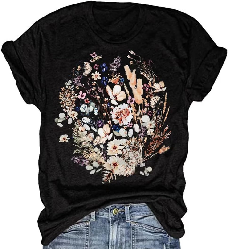 Women's Vintage Flowers Shirt Casual Boho Floral Printed T-Shirt Sunflower Wildflowers Graphic Tees Tops for Girl