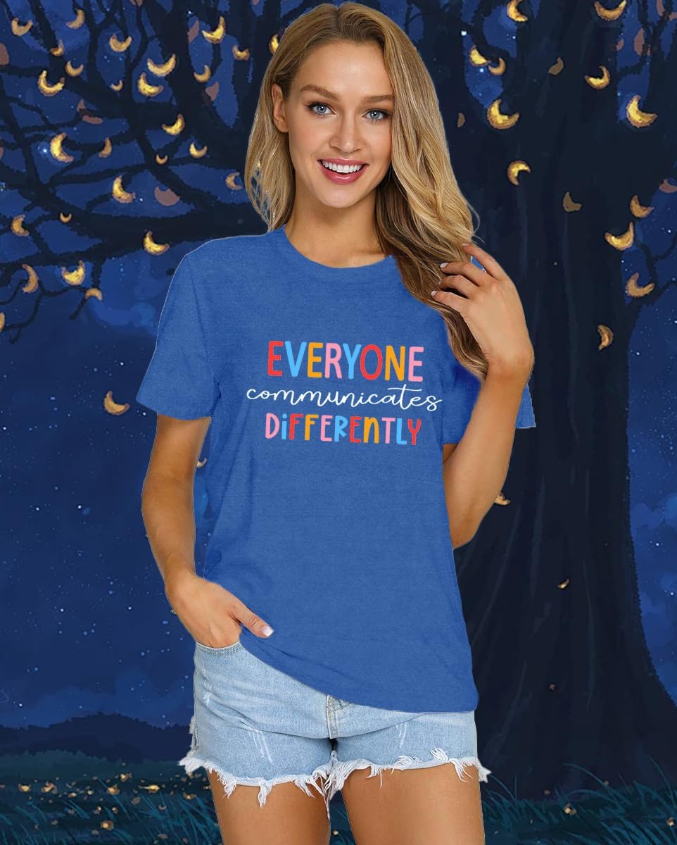 Qskall Autism Awareness Shirt for Women: Everyone Communicates Differently Tshirt Autism Advocate Tee Shirts