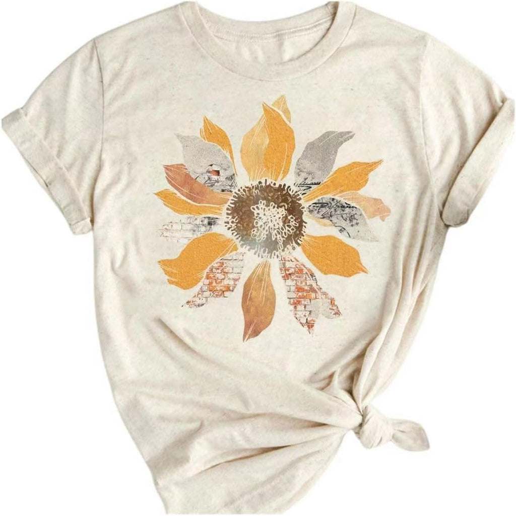 Women's Vintage Flowers Shirt Casual Boho Floral Printed T-Shirt Sunflower Wildflowers Graphic Tees Tops for Girl