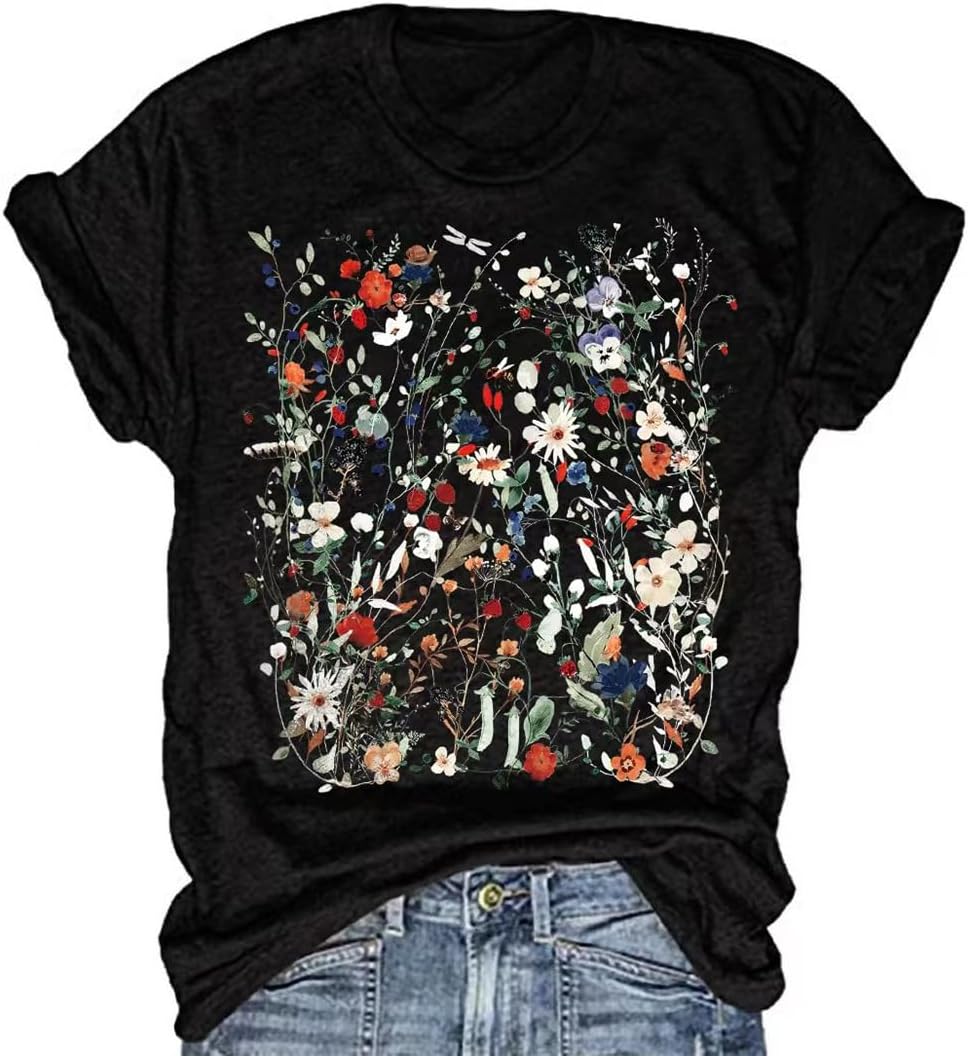 Women's Vintage Flowers Shirt Casual Boho Floral Printed T-Shirt Sunflower Wildflowers Graphic Tees Tops for Girl