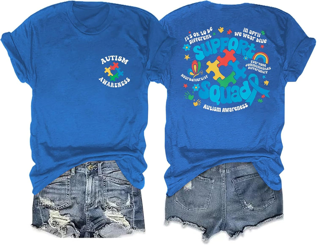 Autism Awareness Shirt Women in April We Wear Blue Shirt Autism Mom Tee Autism Puzzle Graphic Short Sleeve Tops