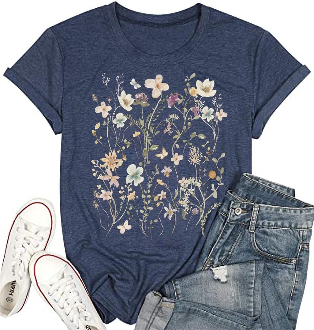 Women's Vintage Flowers Shirt Casual Boho Floral Printed T-Shirt Sunflower Wildflowers Graphic Tees Tops for Girl