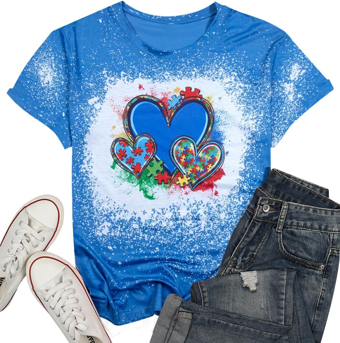Autism Awareness Shirt Women Autistic Support Graphic T-Shirt Blue Heart Puzzle Inspirational Short Sleeve Tee Tops