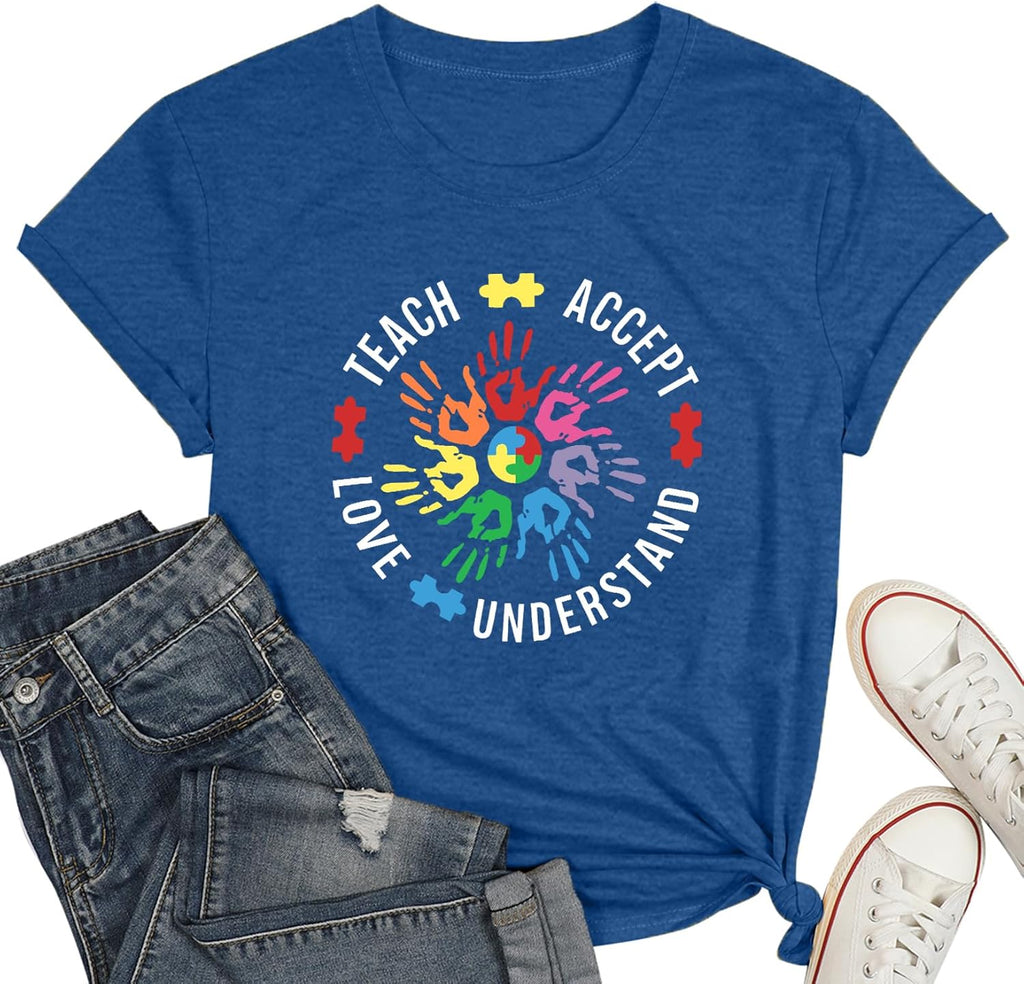 WEITUN Autism Awareness Shirt for Womens Autism Support Teacher T-Shirt Special Education Short Sleeve Shirt