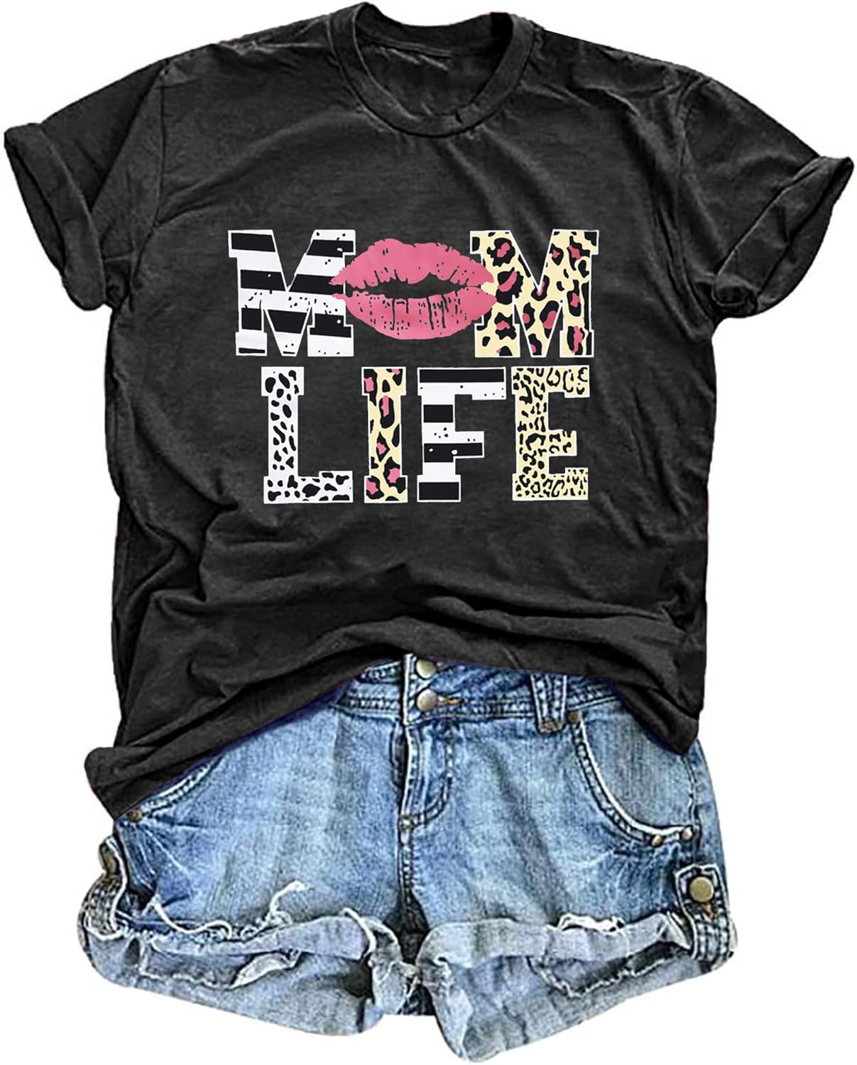 Women Mom Life T-Shirts Leopard Lips Stripe Graphic Shirts Funny Letter Printed Tee Mother's Day Casual Blouse Mother Shirt