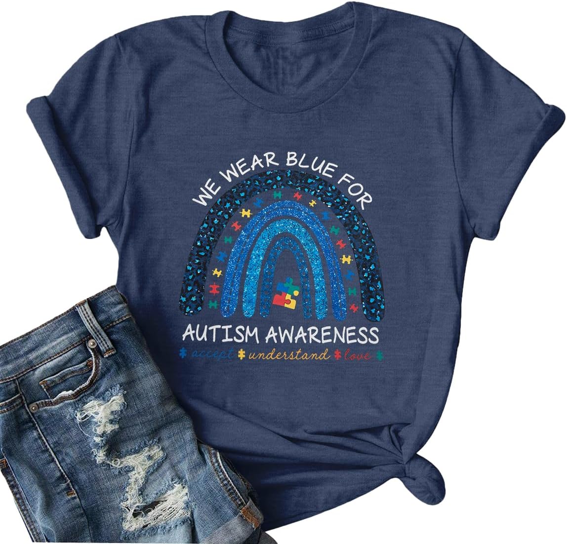 Autism Awareness Shirt Women Autism T-Shirt Autism Acceptance Tops in April Blue Autism Rainbow Tee Autism Mom Clothes