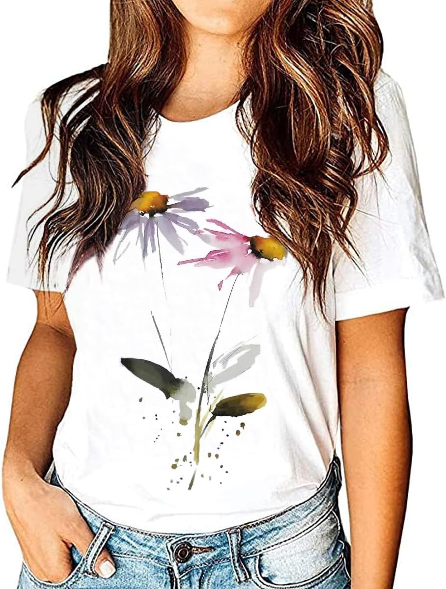 Women's Vintage Flowers Shirt Casual Boho Floral Printed T-Shirt Sunflower Wildflowers Graphic Tees Tops for Girl
