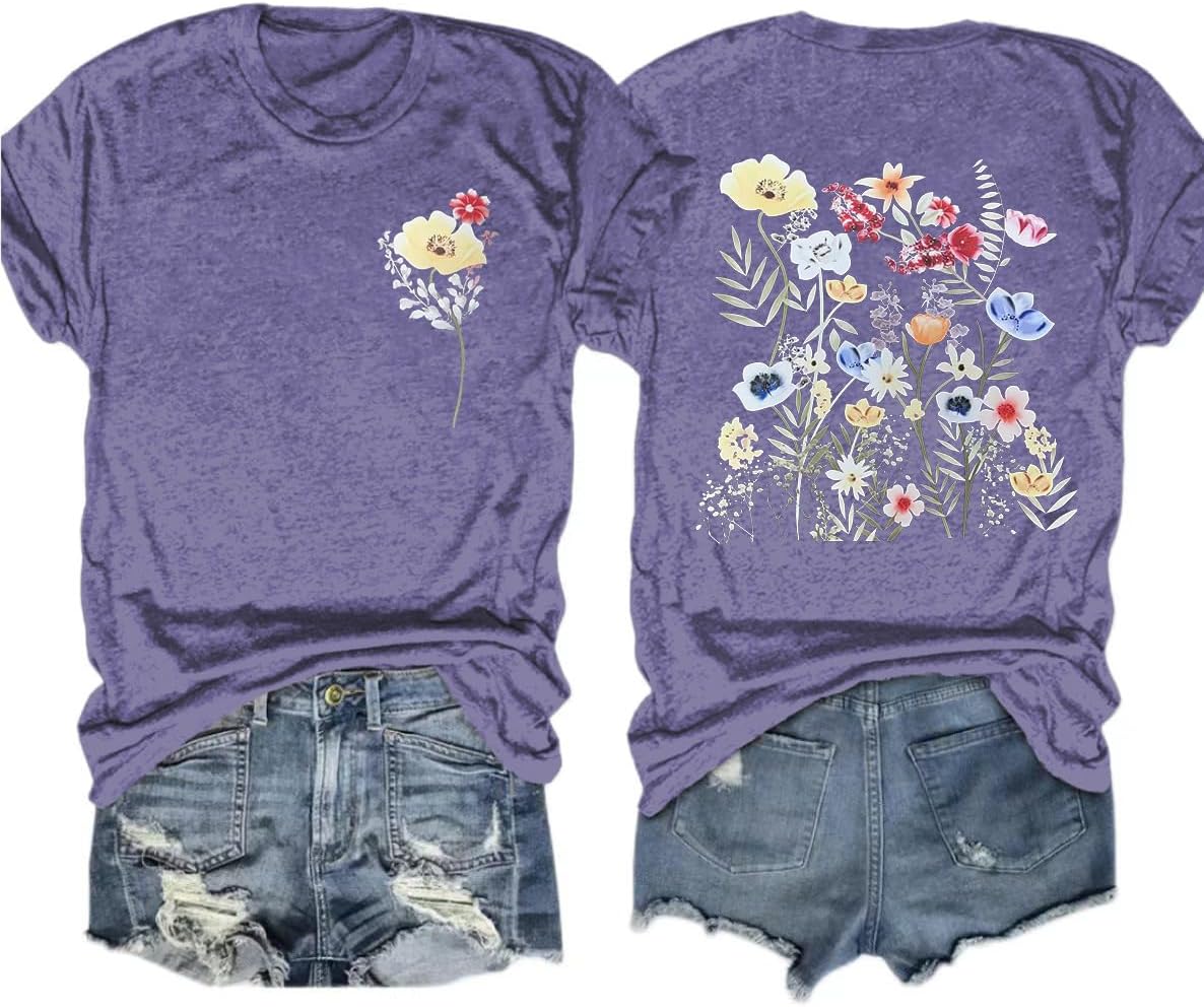 Women's Vintage Flowers Shirt Casual Boho Floral Printed T-Shirt Sunflower Wildflowers Graphic Tees Tops for Girl