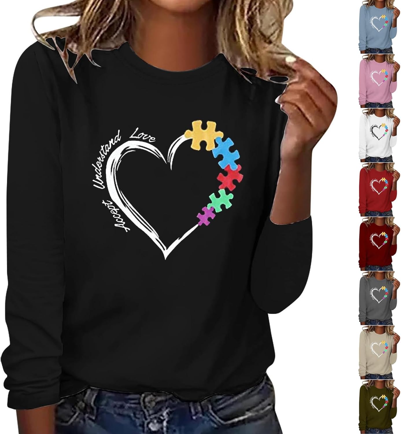 DASAYO Long Sleeve Shirts for Women Crew Neck Casual Blouses Autism Awareness Fashion Tops
