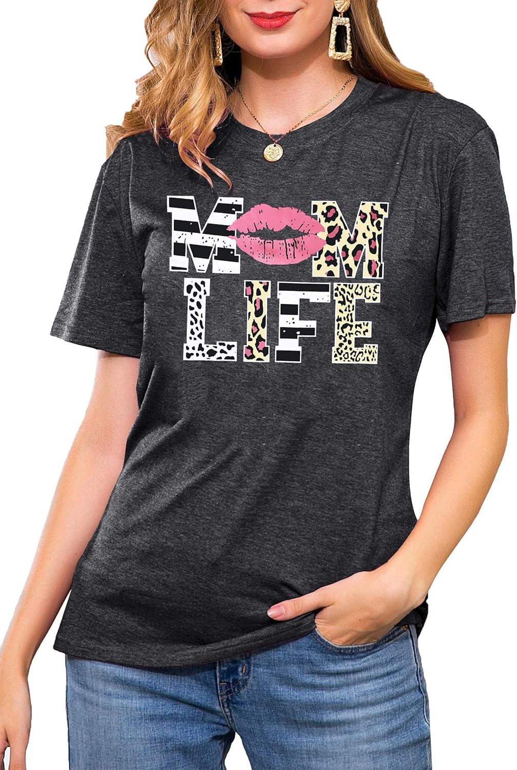 Women Mom Life T-Shirts Leopard Lips Stripe Graphic Shirts Funny Letter Printed Tee Mother's Day Casual Blouse Mother Shirt