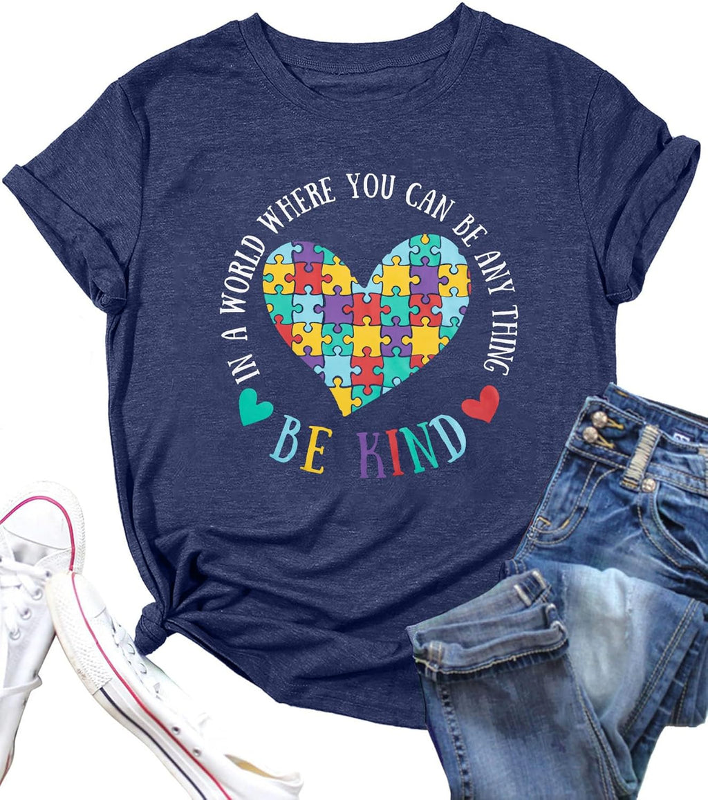 Be Kind Shirt for Women Autism Awareness T Shirts Autism Puzzle Graphic Casual Positive Tee Tops