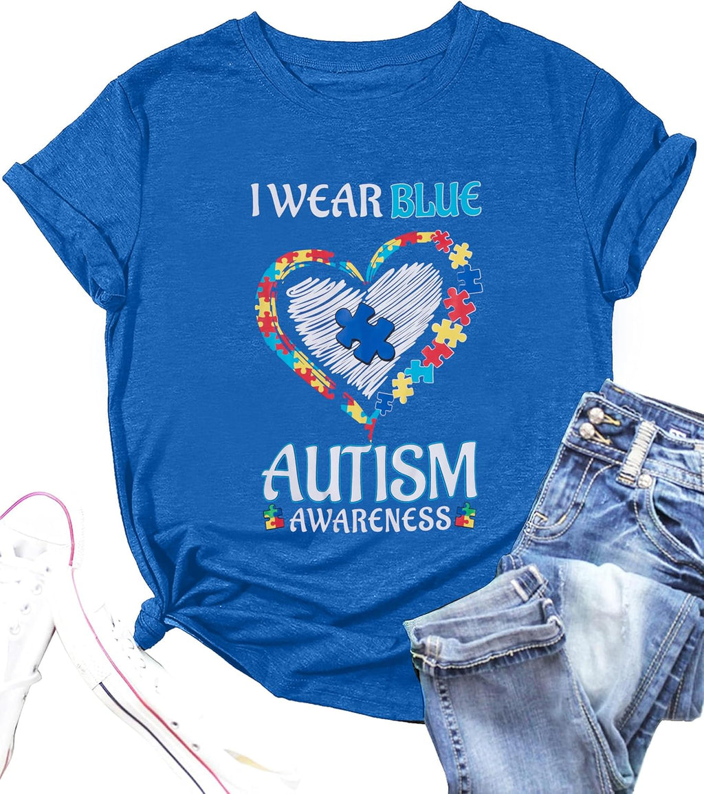 Autism Awareness Shirt Women Blue Ribbon T-Shirt I Wear Blue Tshirt Autism Support Tee Causal Short Sleeve Tee Tops