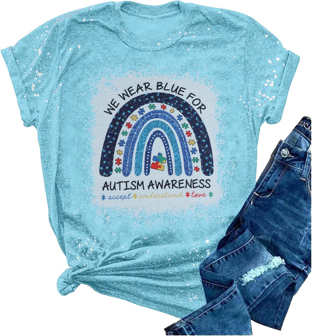 Autism Awareness Shirt Women Autism T-Shirt Autism Acceptance Tops in April Blue Autism Rainbow Tee Autism Mom Clothes
