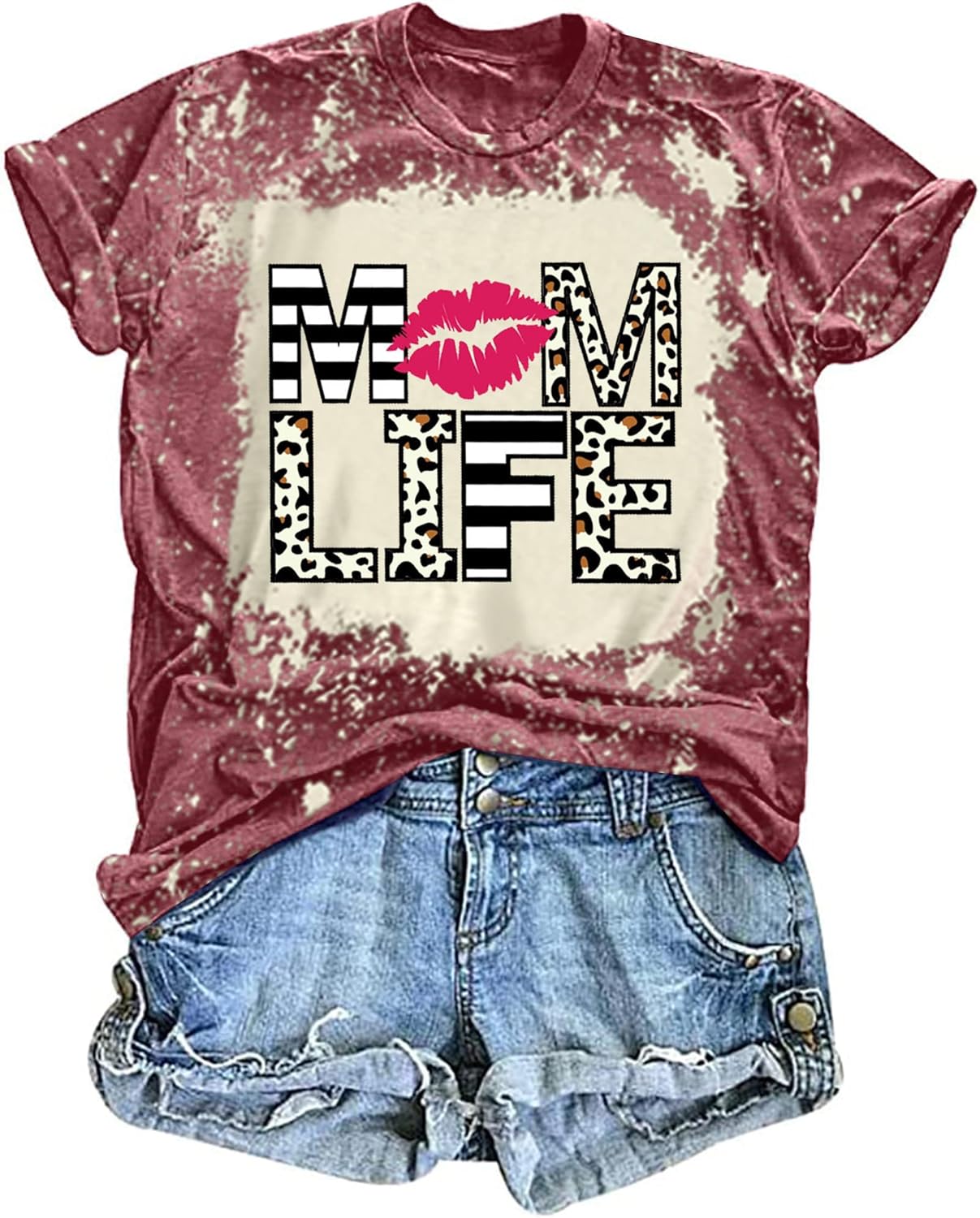 Women Mom Life T-Shirts Leopard Lips Stripe Graphic Shirts Funny Letter Printed Tee Mother's Day Casual Blouse Mother Shirt
