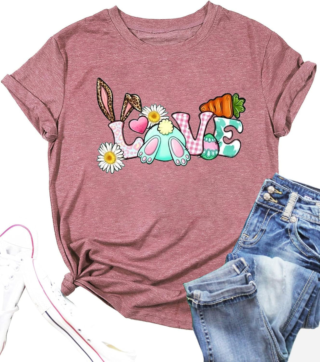 Bunny with Leopard Glasses Shirts for Women Cute Easter Graphic T Shirt Casual Spring Tops Comfortable Tee