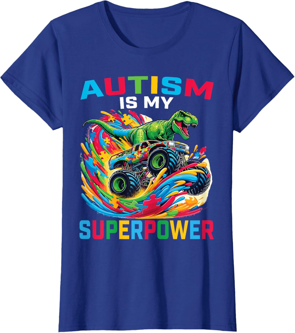 Autism Is My Superpower Dino T Rex Monster Truck Kids Boys